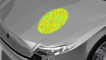 Pretex focar Picture of an engine hood with a detail of the microscopic view of the Pretex surface.